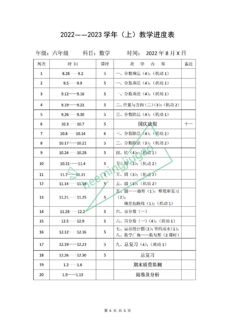 小学数学六年级上册教学计划