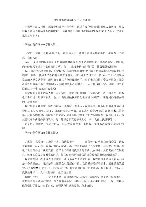 初中自我介作文600字