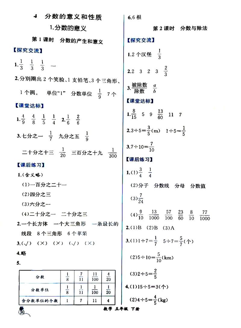 小学五年级下册数学书答案