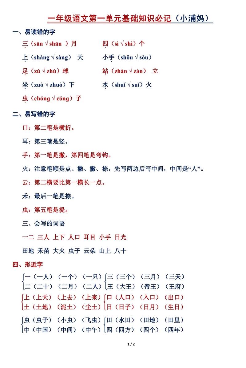 小学一年级语文上册知识点
