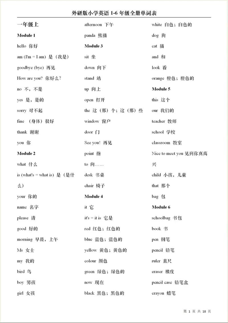 小学一年级英语上册单词表
