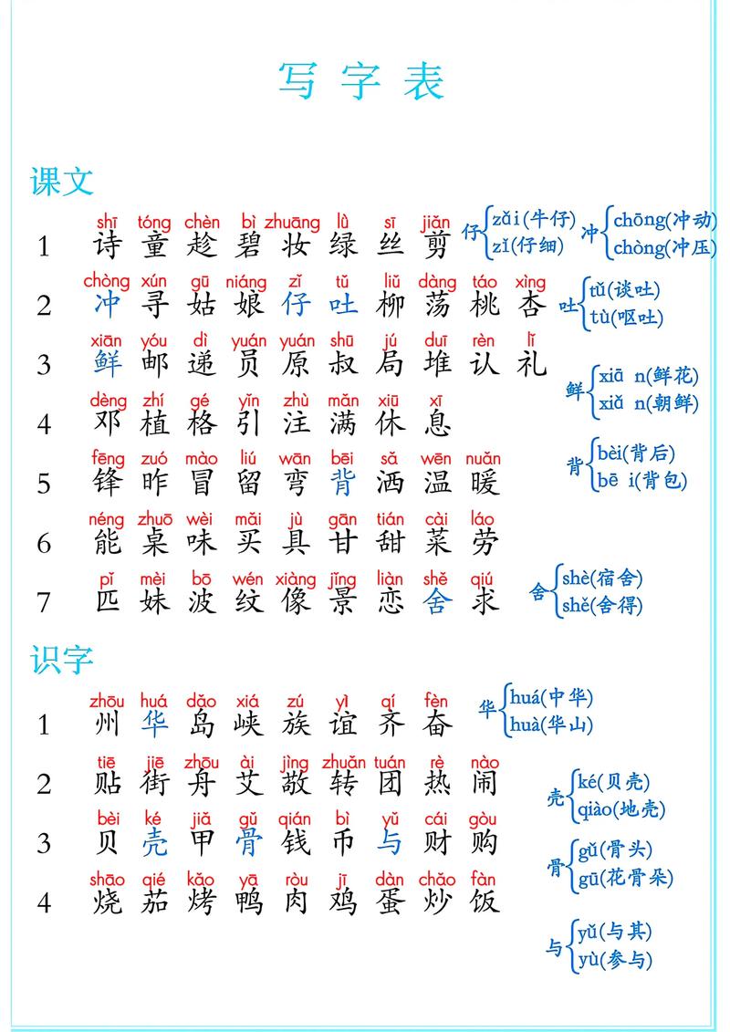 小学二年级语文下册词语表