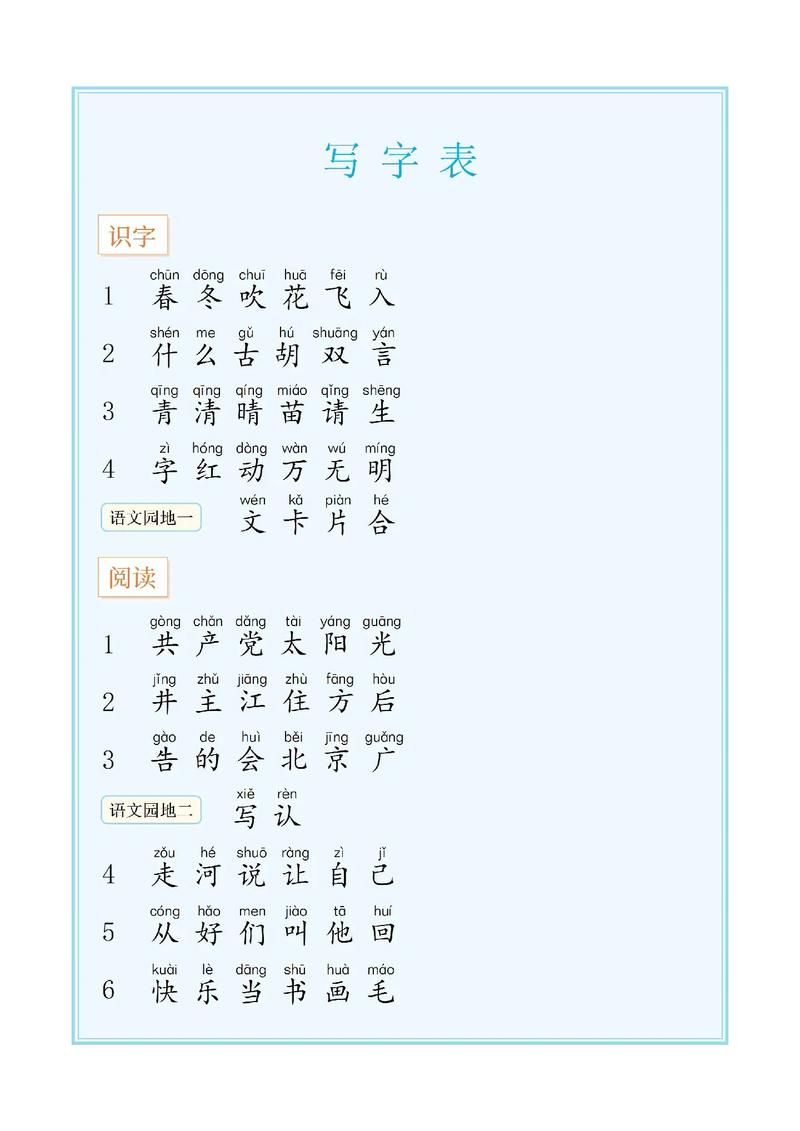 小学一年级语文下册生字表