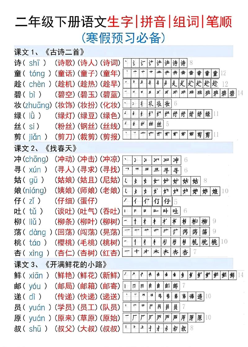 小学二年级语文下册生字表