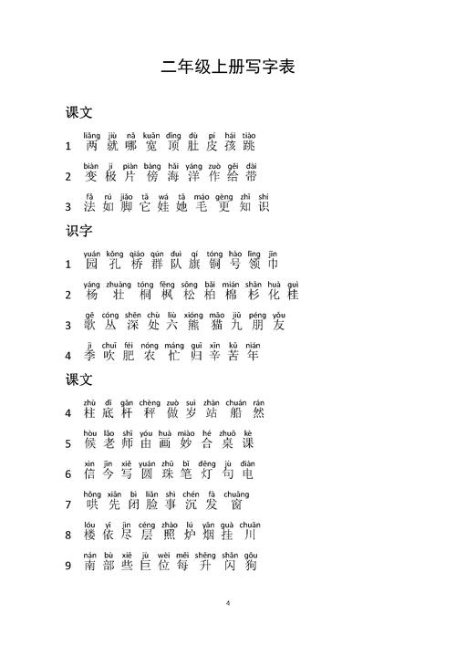 小学二年级语文上册生字表
