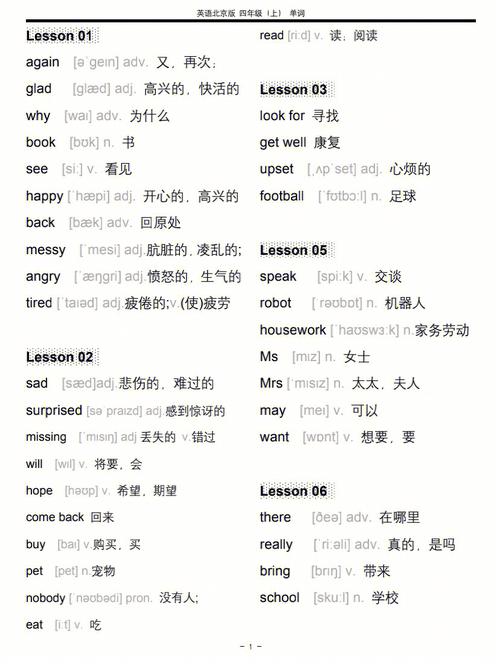 小学四年级英语单词表上册