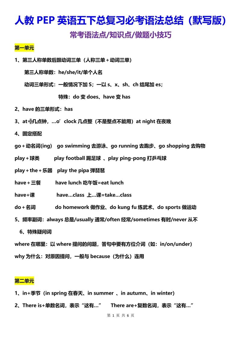 小学五年级下册英语知识点