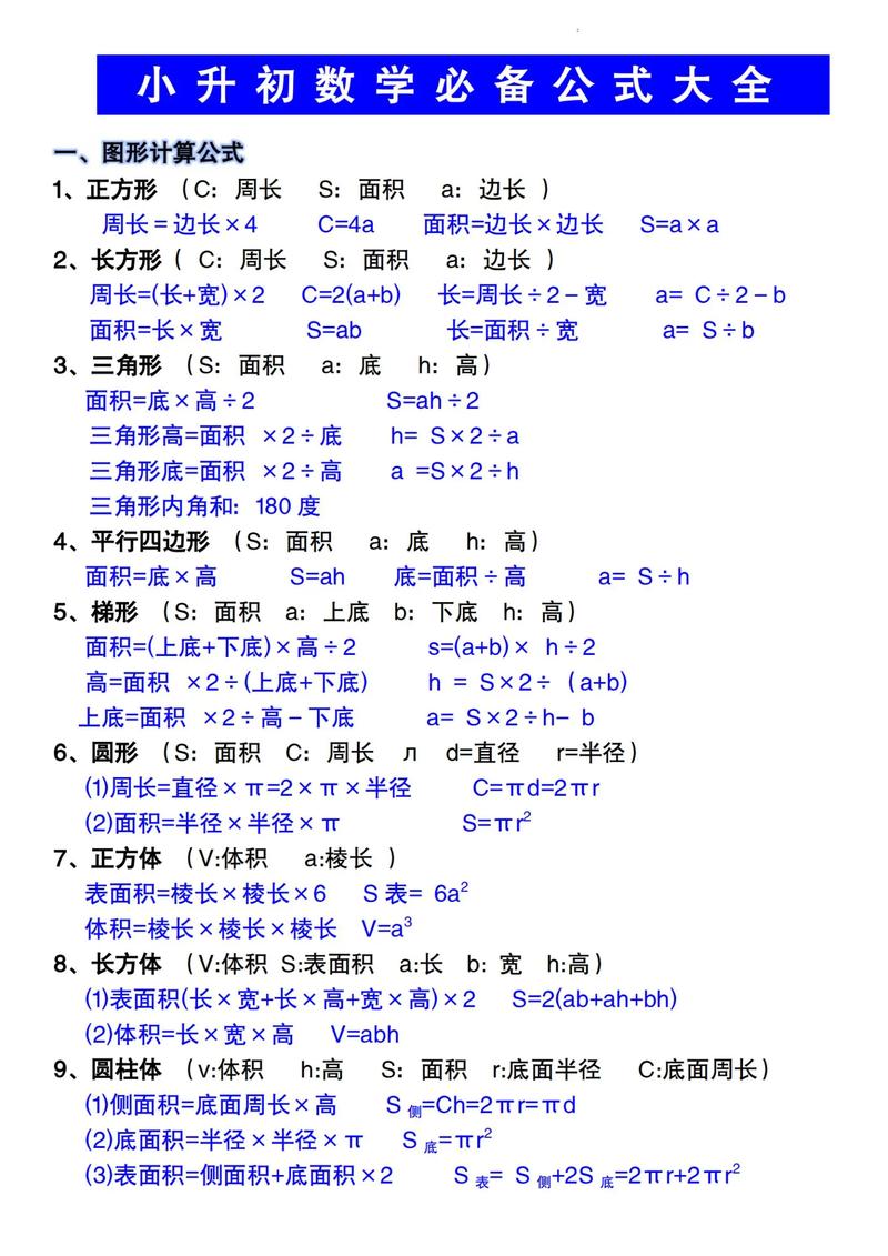 小学1至6年级数学公式