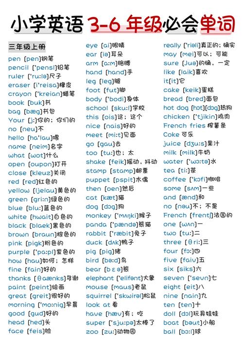 小学3至6年级英语单词