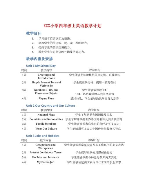 小学四年级英语教学计划