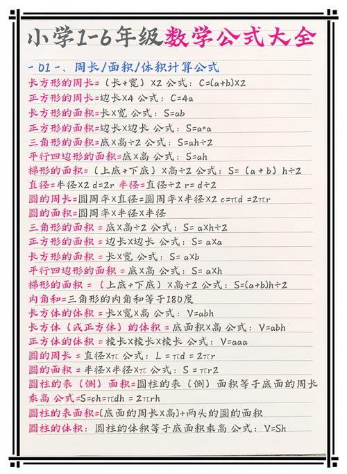 小学1到6年级数学公式